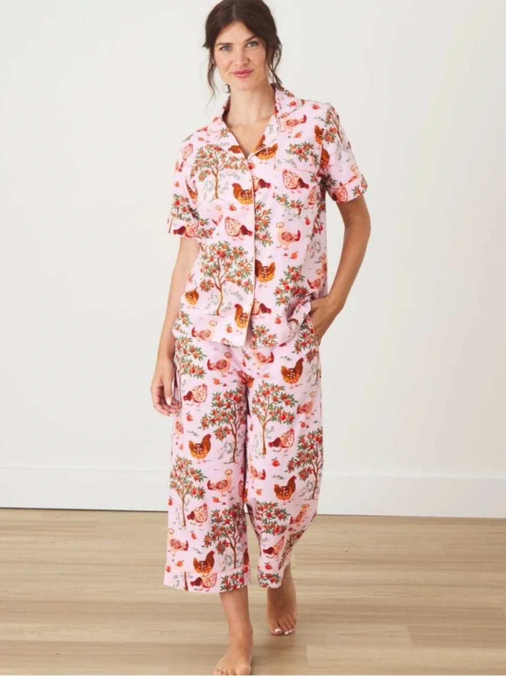 Print Fresh Hen House Organic Cotton Pajama Set Short Sleeve & Pants Pink Size S - Picture 1 of 16